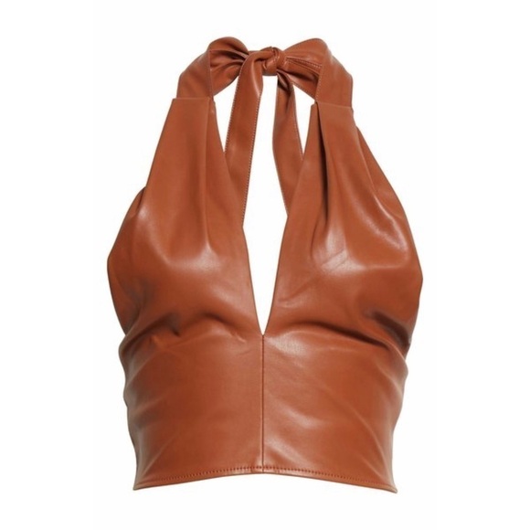 NWT STAUD 70s Vegan Leather Keyhole Twist Front Open Back Halter Tie Crop Top 10 - Picture 17 of 17